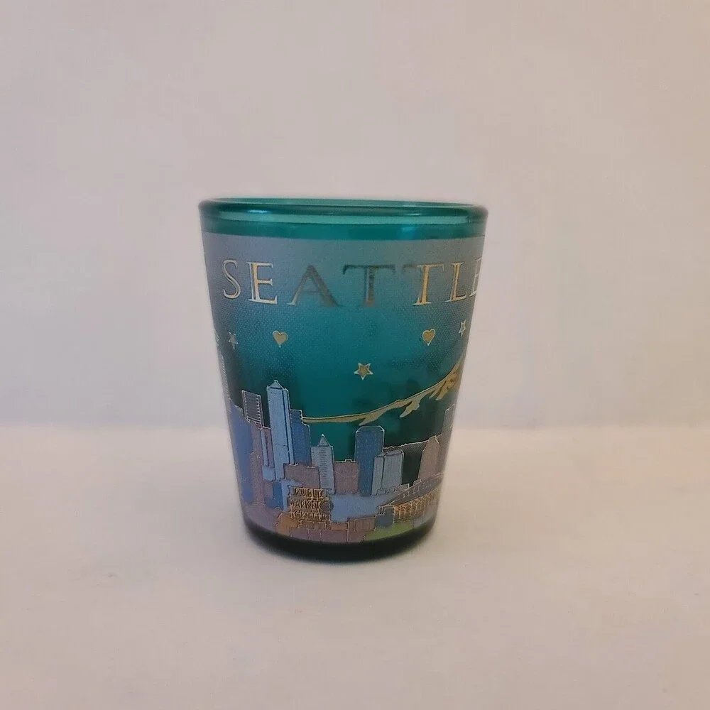 Seattle Washington Mountain Skyline Teal Shot Glass